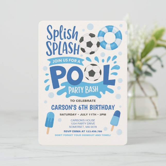 Boy Soccer Pool Party Birthday Invitation (Standing Front)