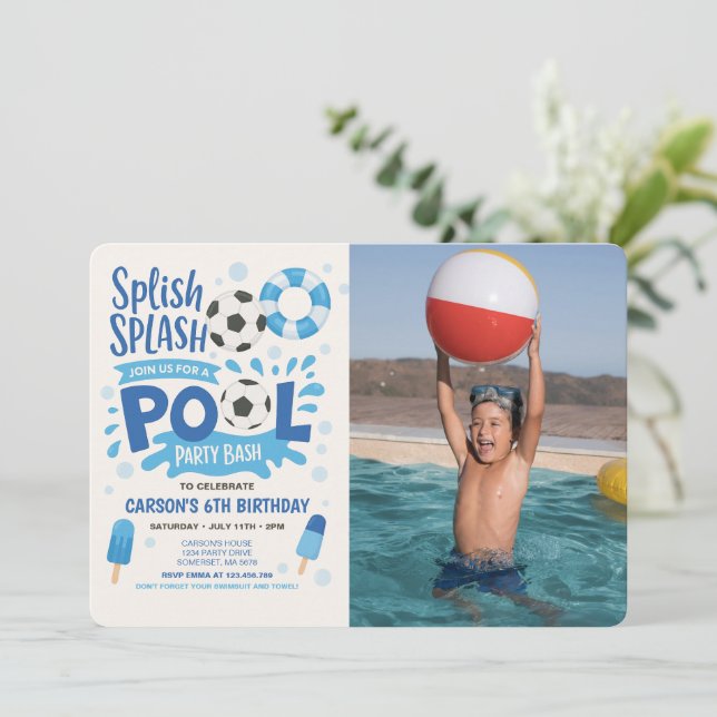 Boy Soccer Pool Party Birthday Photo Invitation (Standing Front)