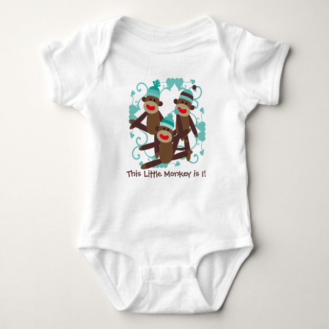 Boy Sock Monkey Birthday T-shirt Baby Bodysuit (Front)