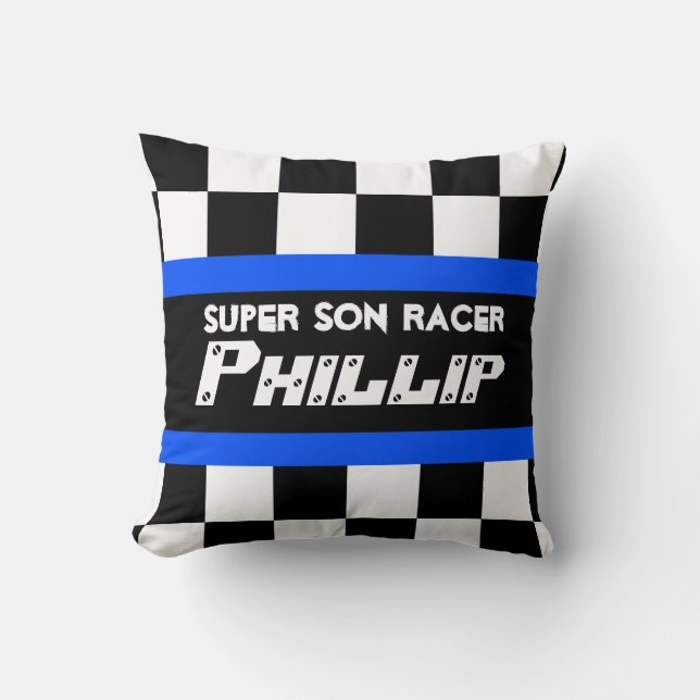 Boy son racer blue chequered flag name pillow (Front)
