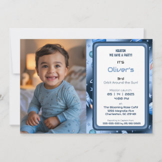 Boy Space First Trip Around The Sun Photo Birthday Invitation