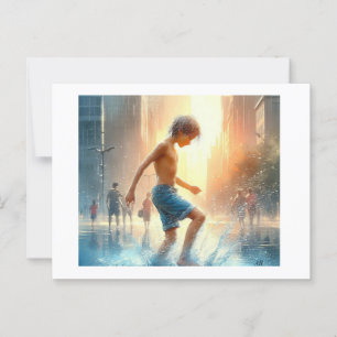 Boy Splashing in City Puddle, Postcard