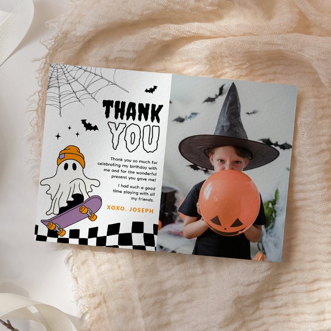 Boy Spooky Halloween Birthday Photo Thank You Card (Creator Uploaded)