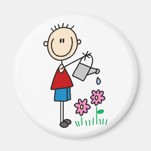 Boy Stick Figure Watering Flowers Magnet