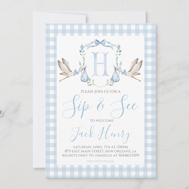 Boy Stork Preppy Gingham Blue Sip & See Invitation (Creator Uploaded)