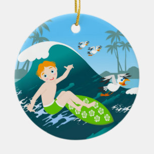 Boy surfer has a birthday party ceramic ornament