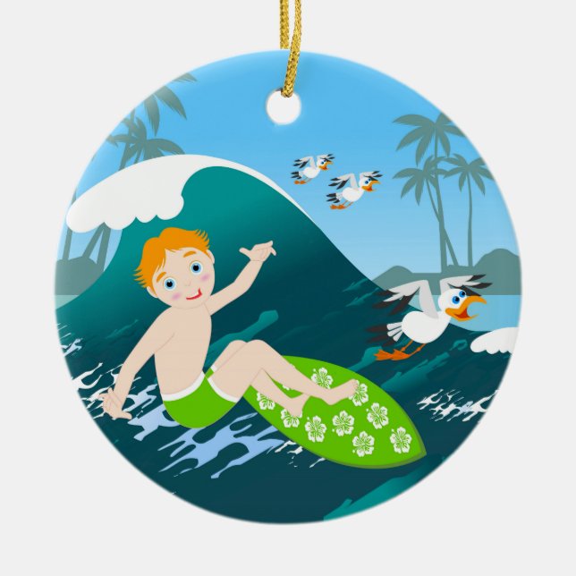 Boy surfs  big wave Birthday Party Ceramic Ornament (Front)