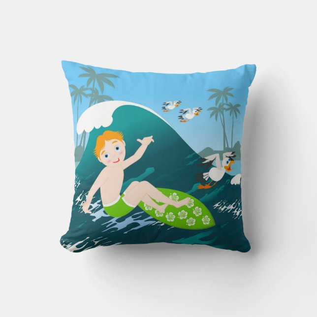 Boy surfs  big wave Birthday Party Cushion (Front)
