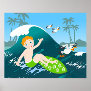 Boy surfs  big wave Birthday Party Poster