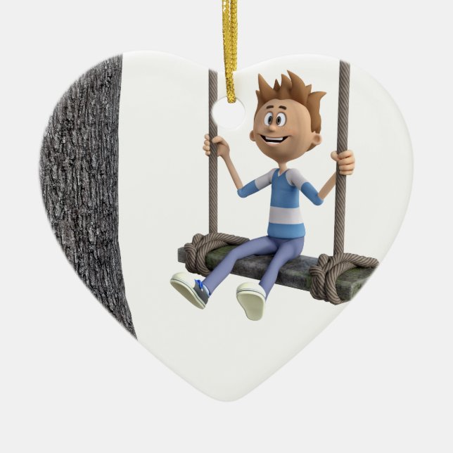 Boy Swinging on a Rope Swing Ceramic Ornament (Front)
