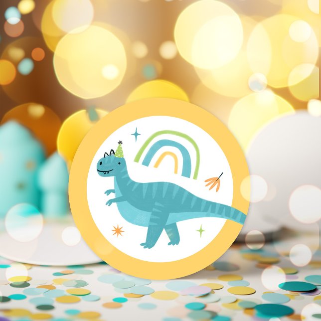 Boy T Rex Dinosaur Birthday Party Favours Classic Round Sticker (Creator Uploaded)