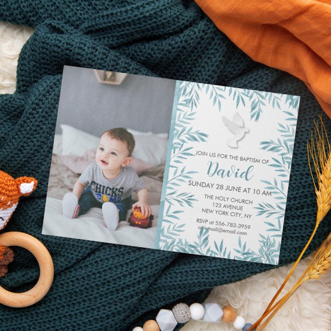 Boy Teal Blue Dove Watercolor Baptism Invitation (Boy Teal Blue Dove Watercolor Baptism Invitation)