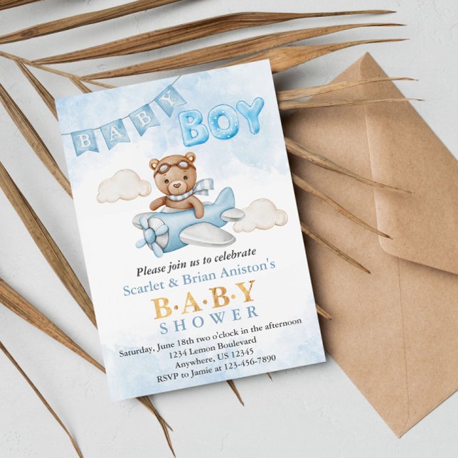 Boy Teddy Bear Aeroplane Baby Shower Invitation (Creator Uploaded)