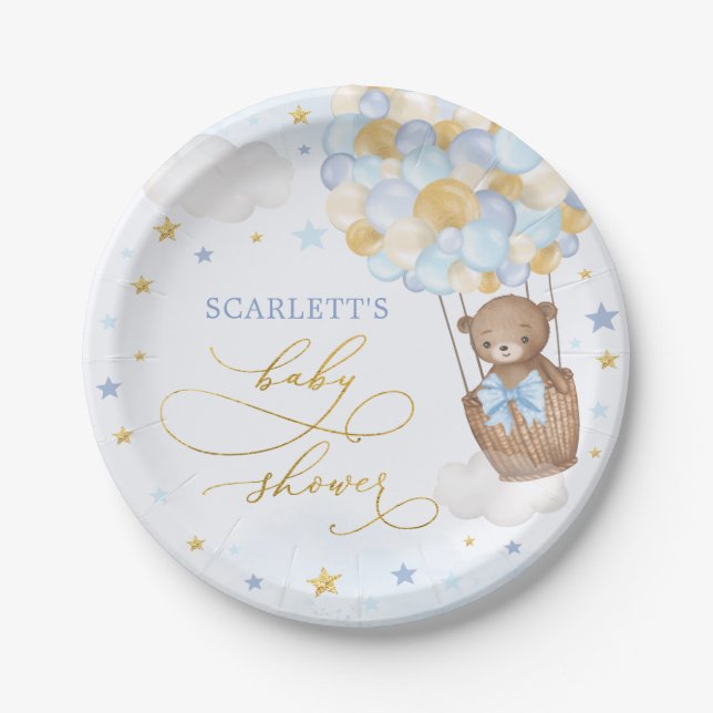 Boy Teddy Bear Baby Shower Blue Gold Stars Party Paper Plate (Front)