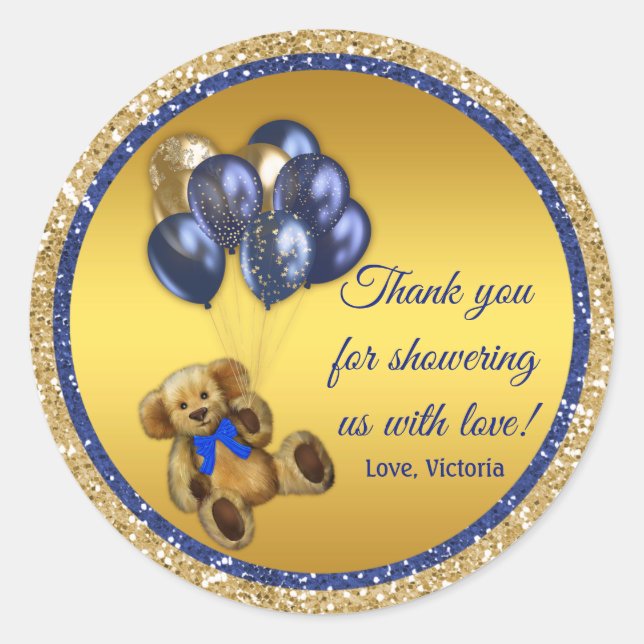Boy Teddy Bear Balloon Baby Shower Favour Stickers (Front)