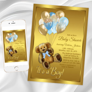 Boy Teddy Bear Balloon Baby Shower Invitation