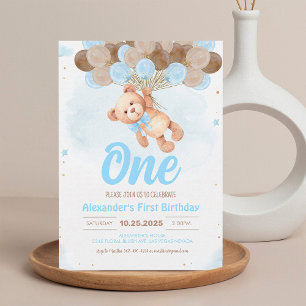 Boy Teddy Bear Balloons Birthday Invitation