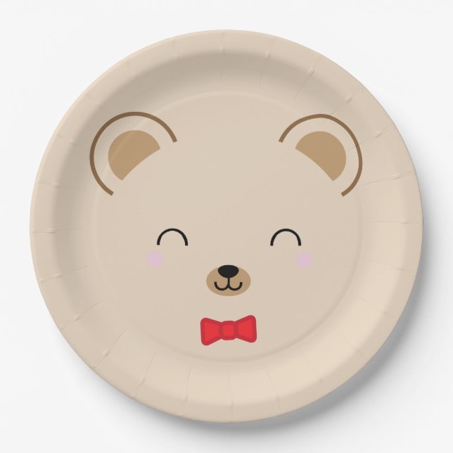 boy teddy bear BIRTHDAY PARTY red Paper Plate (Front)