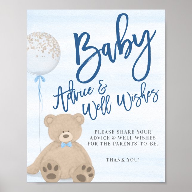 Boy Teddy Bear Blue Balloon Baby Advice Sign (Front)