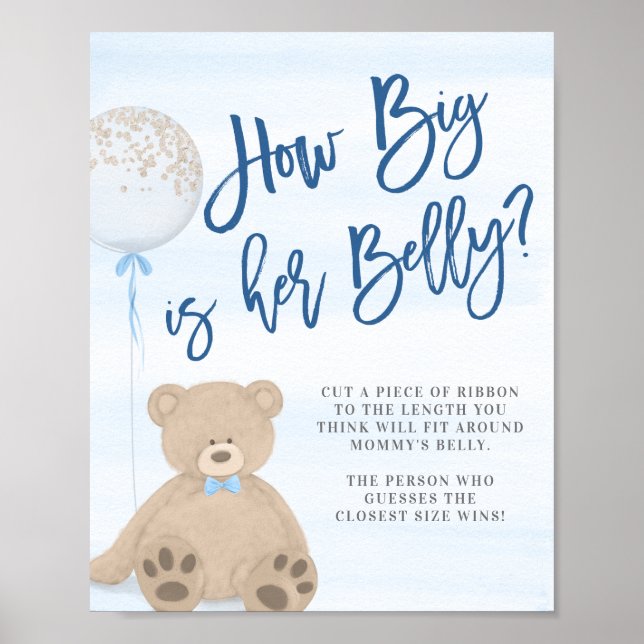 Boy Teddy Bear Blue Balloon Baby Shower Belly Game Poster (Front)