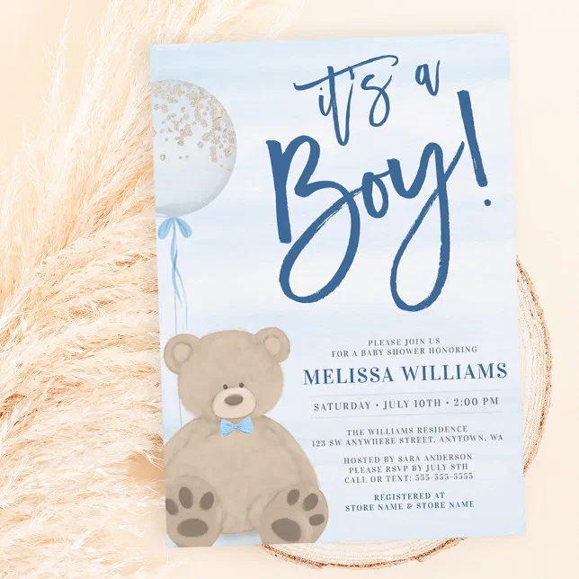 Boy Teddy Bear Blue Balloon Baby Shower Invitation | Zazzle