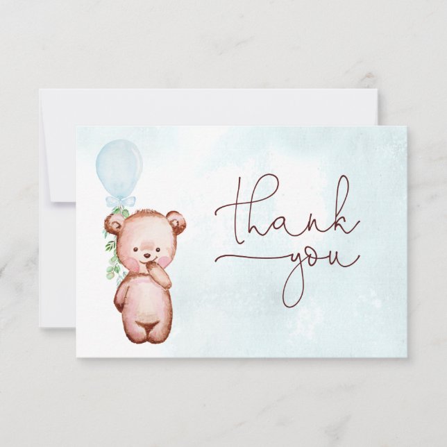 Boy Teddy Bear Blue Balloon Baby Shower  Thank You Card (Front)