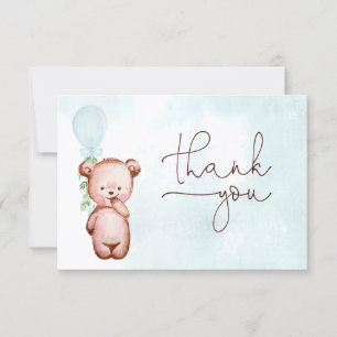 Boy Teddy Bear Blue Balloon Baby Shower  Thank You Card