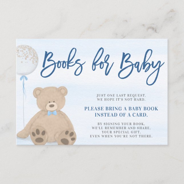 Boy Teddy Bear Blue Balloon Bring a Book Enclosure Card (Front)