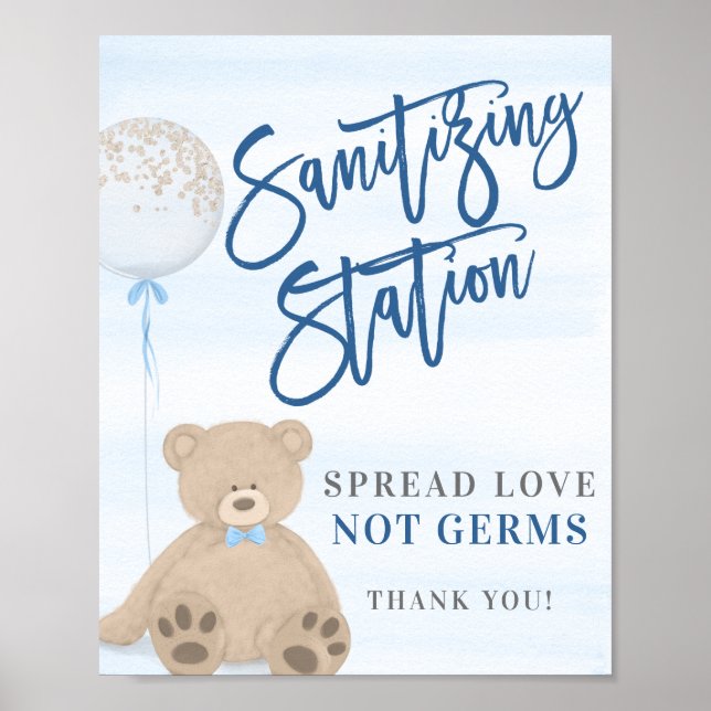 Boy Teddy Bear Blue Balloon Sanitising Sign (Front)