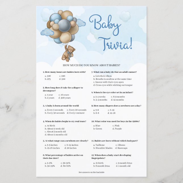Boy teddy bear blue brown balloons Baby Trivia (Front)