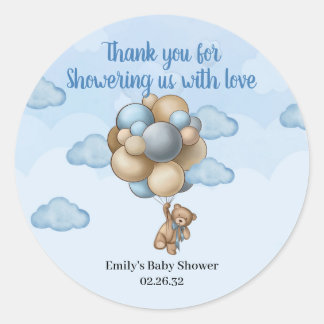 Boy Teddy bear blue brown beige balloons Classic R Classic Round Sticker