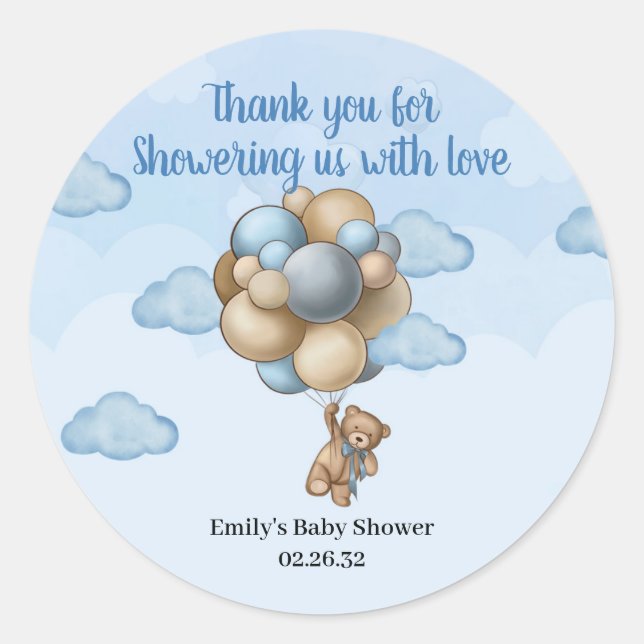 Boy Teddy bear blue brown beige balloons Classic R Classic Round Sticker (Front)