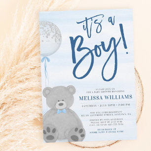 Boy Teddy Bear Blue Grey Balloon Baby Shower Invitation