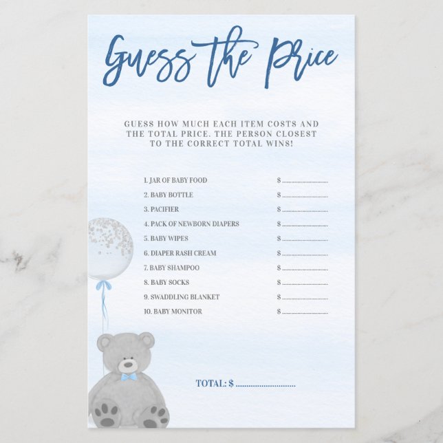 Boy Teddy Bear Blue Grey Balloon Guess the Price (Front)