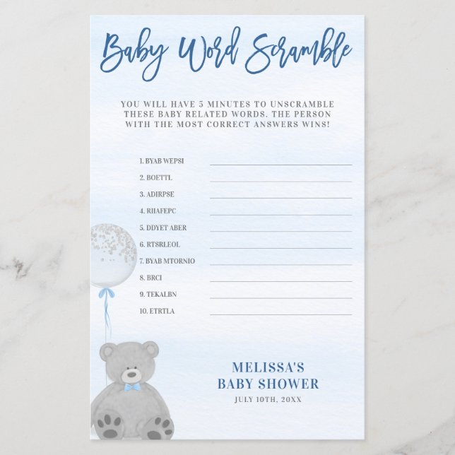 Boy Teddy Bear Blue Grey Balloon Word Scramble (Front)