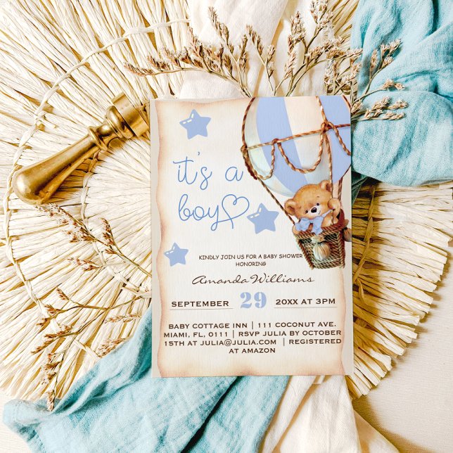 Boy Teddy Bear Blue Hot Air Balloon Baby Shower Invitation (Creator Uploaded)