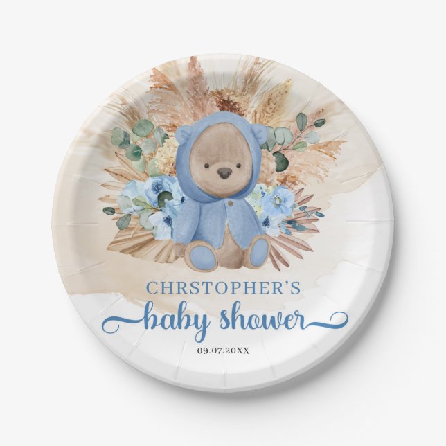 Boy teddy bear dried palm blue flowers baby shower paper plate (Front)