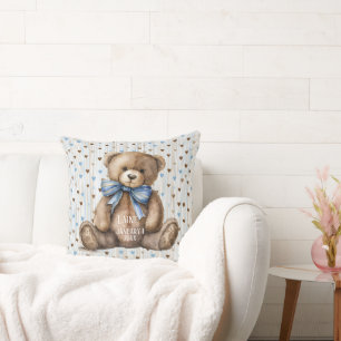 Boy Teddy Bear On Blue Brown Hearts Cushion