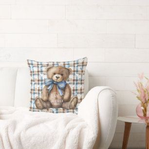 Boy Teddy Bear On Blue Brown Plaid  Cushion