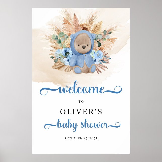 Boy Teddy bear pampas grass baby shower Welcome Poster (Front)