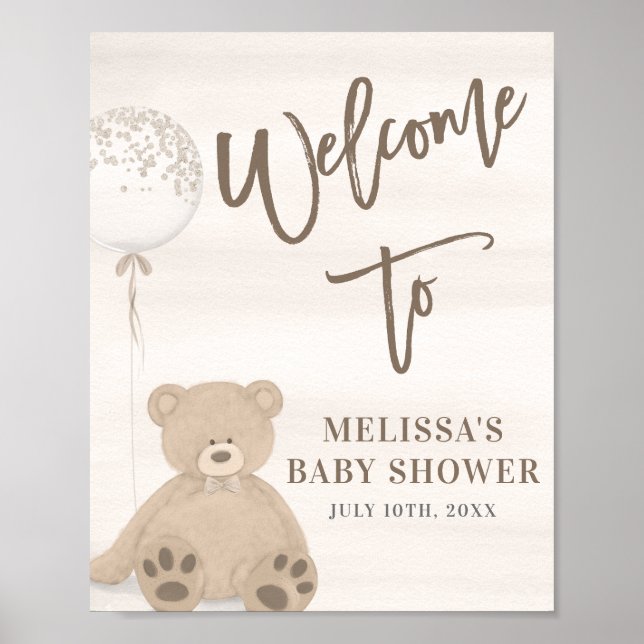 Boy Teddy Bear Tan Balloon Welcome Sign Poster (Front)