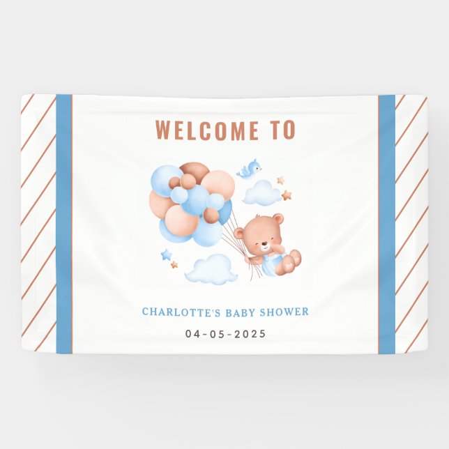 Boy Teddy Bear “We Can Bearly Wait” Baby Shower Banner (Horizontal)
