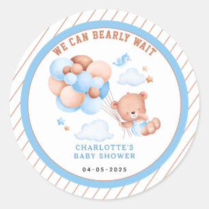 Boy Teddy Bear “We Can Bearly Wait” Baby Shower Classic Round Sticker