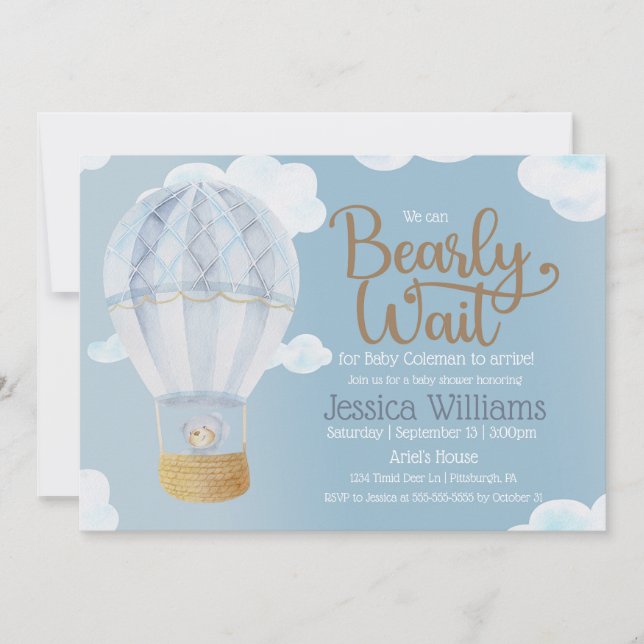Boy Teddy Bear We Can Bearly Wait Baby Shower Invitation (Front)