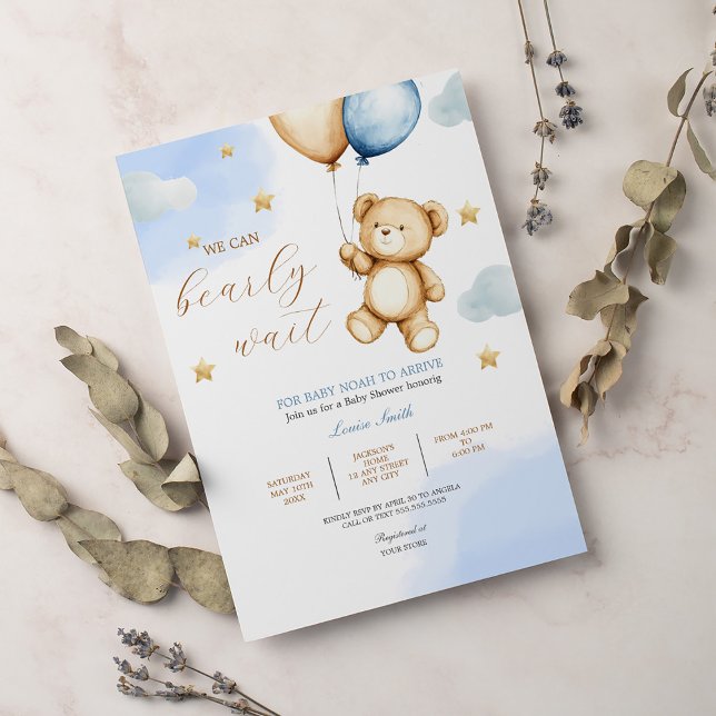 Boy Teddy Bear We Can Bearly Wait Baby Shower Invitation (Creator Uploaded)