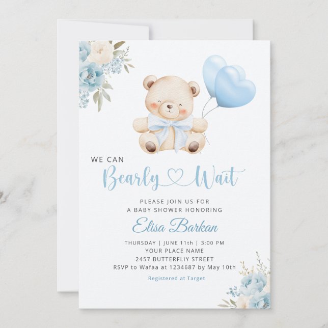 Boy Teddy Bear We Can Bearly Wait blue Baby Shower Invitation (Front)