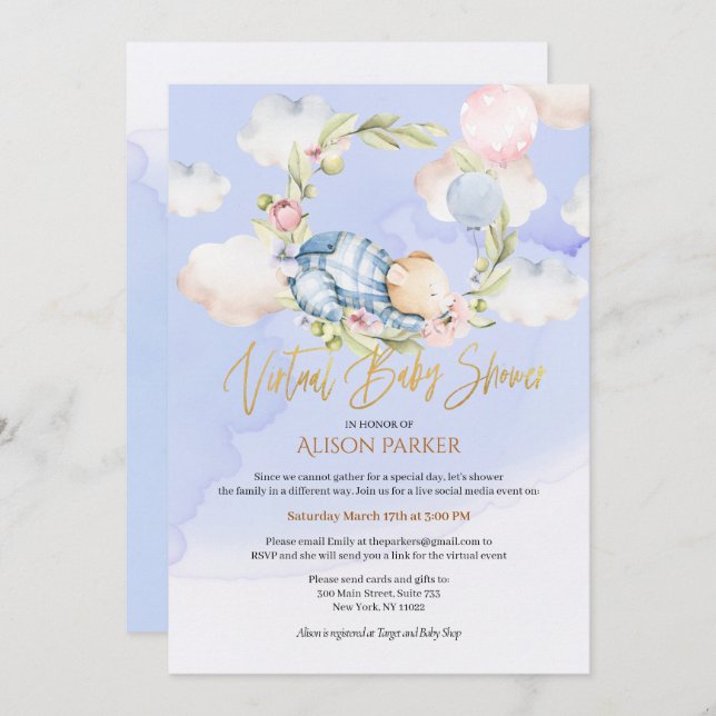 Boy Teddy Bear Woodland Virtual Baby Shower Invitation (Front/Back)