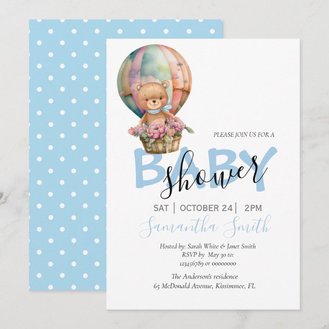 Boy Teddy Bearly Wait Hot Air Balloon Blue Announcement (Front/Back)