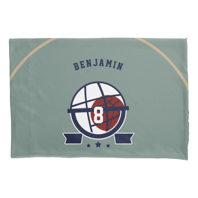 Boy Teen Basketball Hoop Green Navy Name Kids Pillowcase (Front)