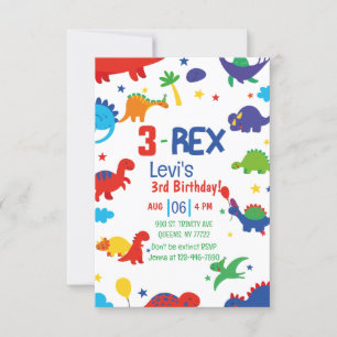 boy Three Rex 3rd Dinosaur Birthday Invitation